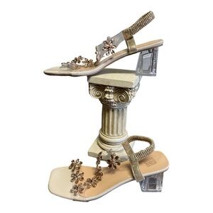 •Women's Open Toe Rhinestones Chunky Heel Sandals Stretch High Heels Shoes